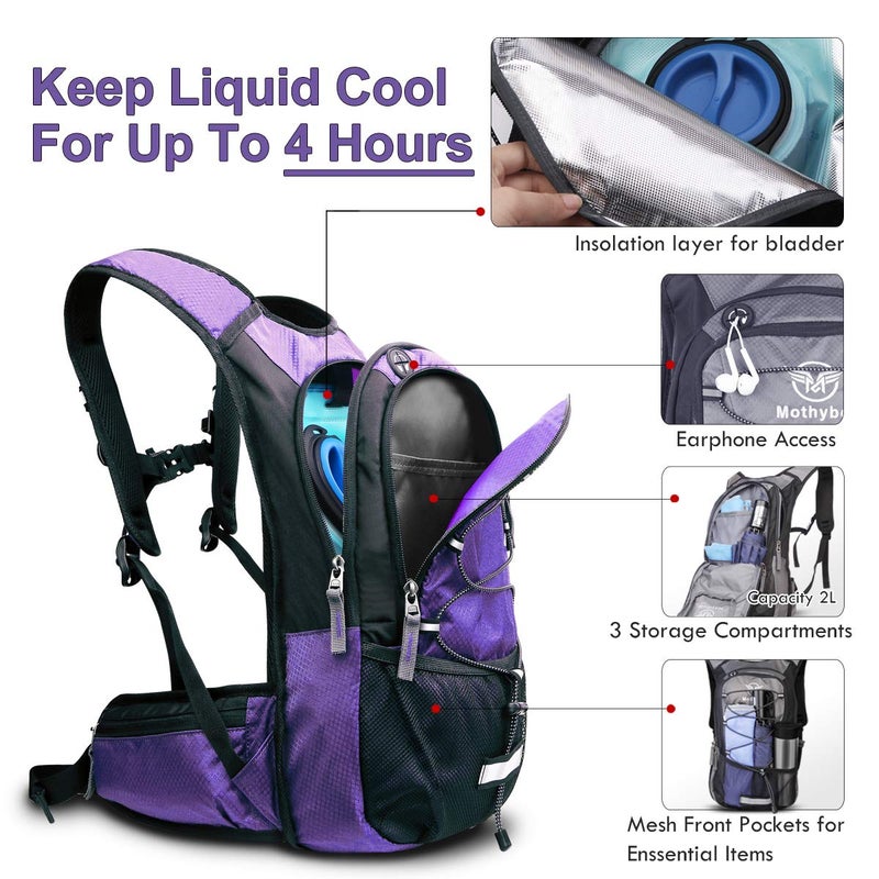 Mothybot Hydration Pack, Insulated Hydration Backpack with 2L BPA Free Water Bladder and Storage, Hiking Backpack for Men, Women, Kids for Running, Cycling, Camping - Keep Liquid Cool up to 5 Hours - Image 1